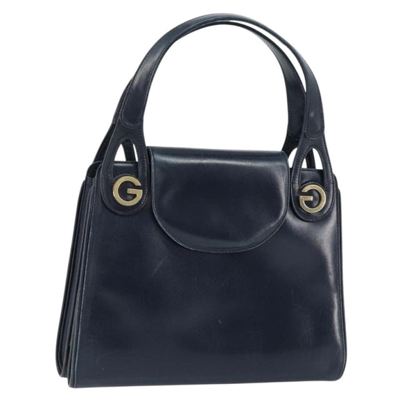 GUCCI Hand Bag Leather Navy Gold Auth ep11790