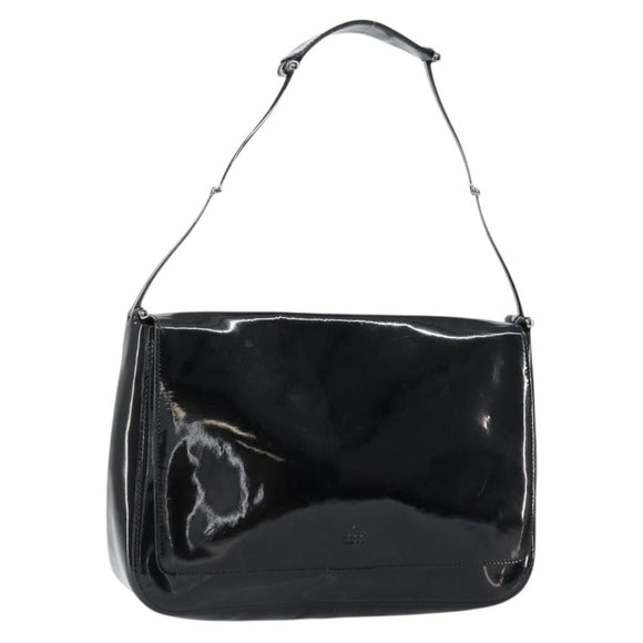 GUCCI Horsebit Shoulder Bag Enamel Black Silver Auth ep11794
