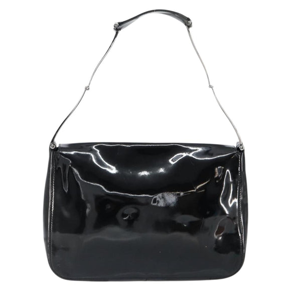 GUCCI Horsebit Shoulder Bag Enamel Black Silver Auth ep11794