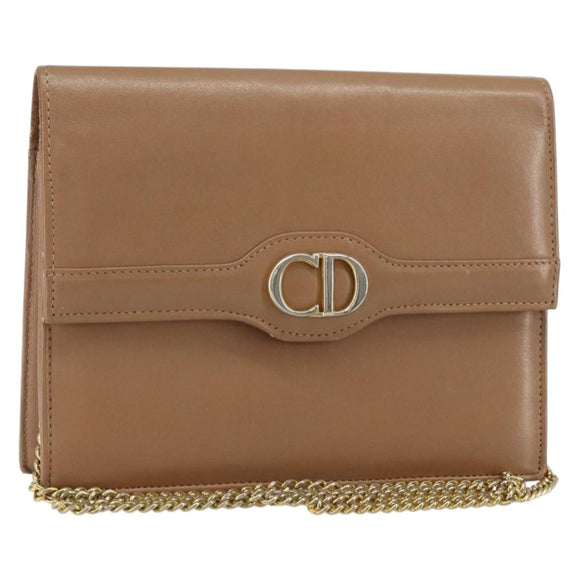 Christian Dior Chain Shoulder Bag Leather Beige Gold Auth ep11798