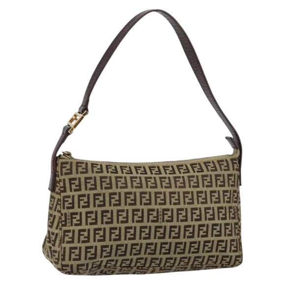 FENDI Zucchino Canvas Mamma Baguette Shoulder Bag Beige Brown gold Auth ep11910