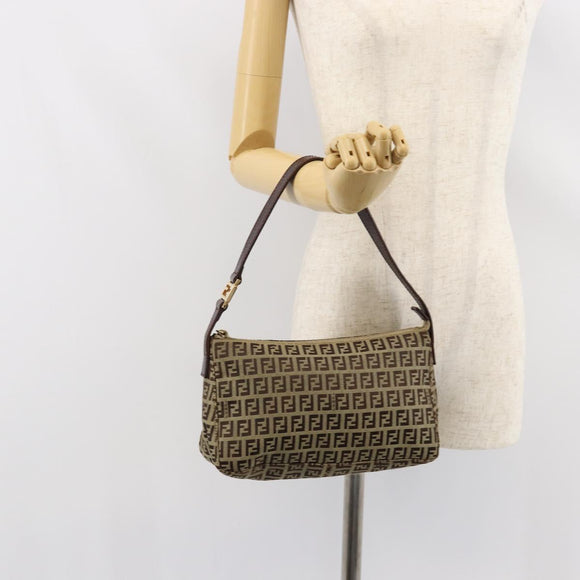 FENDI Zucchino Canvas Mamma Baguette Shoulder Bag Beige Brown gold Auth ep11910