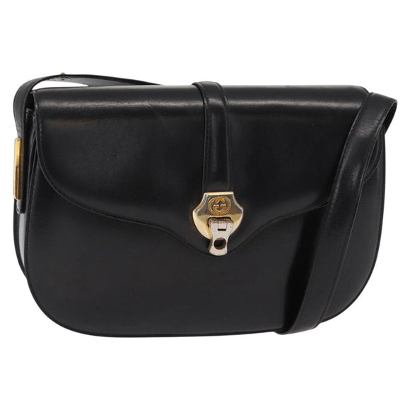 GUCCI Shoulder Bag Leather Black Gold Auth ep11944