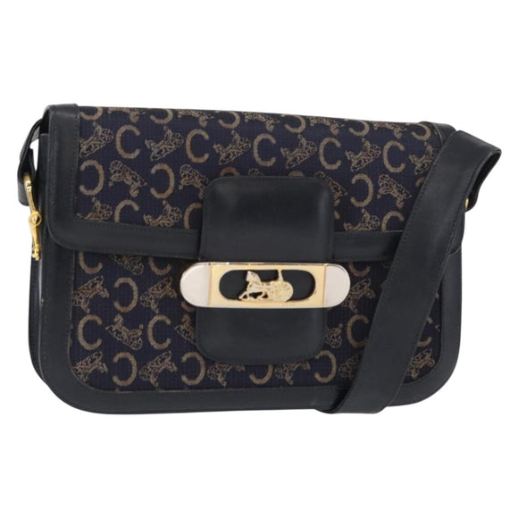 CELINE C Sulky Horse Carriage Shoulder Bag Canvas Leather Navy Gold Auth ep11975