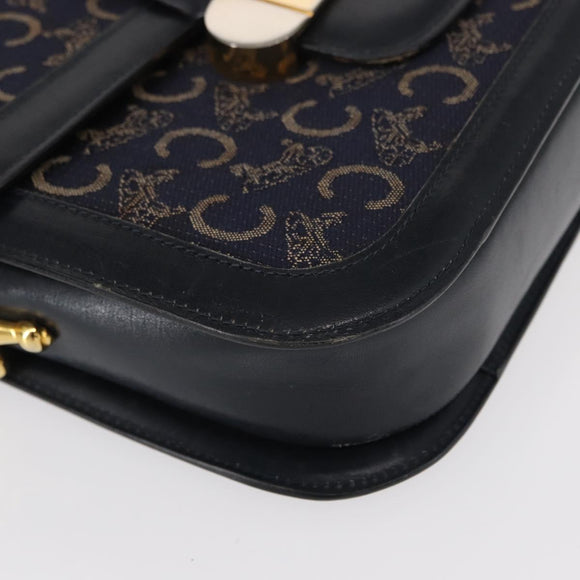 CELINE C Sulky Horse Carriage Shoulder Bag Canvas Leather Navy Gold Auth ep11975