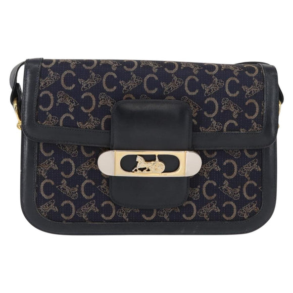 CELINE C Sulky Horse Carriage Shoulder Bag Canvas Leather Navy Gold Auth ep11975