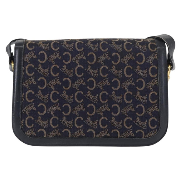 CELINE C Sulky Horse Carriage Shoulder Bag Canvas Leather Navy Gold Auth ep11975