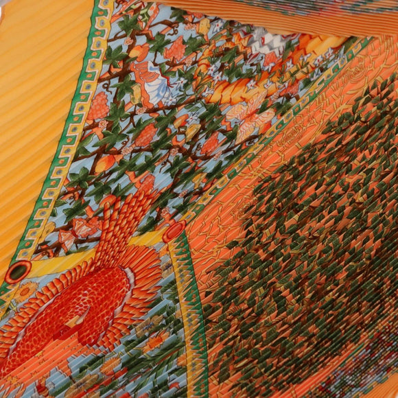 HERMES Pleated Carre 90 Scarf ""Axis Mundi"" Silk Orange Auth ep11993