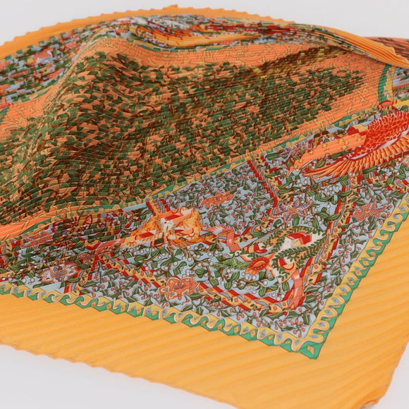 HERMES Pleated Carre 90 Scarf ""Axis Mundi"" Silk Orange Auth ep11993
