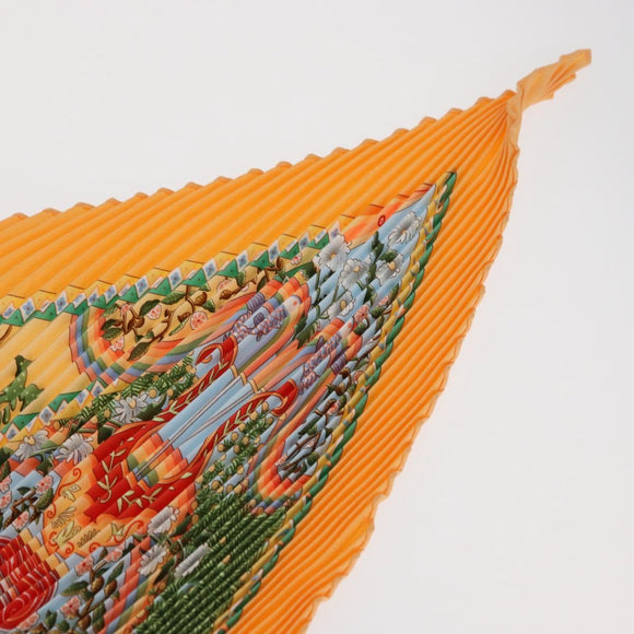 HERMES Pleated Carre 90 Scarf ""Axis Mundi"" Silk Orange Auth ep11993