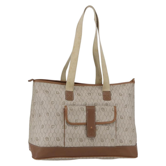Christian Dior Honeycomb Canvas Tote Bag PVC Leather Beige Auth ep12001