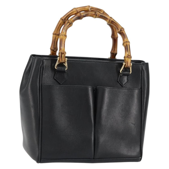 GUCCI Bamboo Hand Bag Leather Black Gold 000 122 0316 Auth ep12030