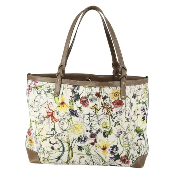GUCCI Flora Tote Bag Canvas Leather White Gold 247209 Auth ep12057