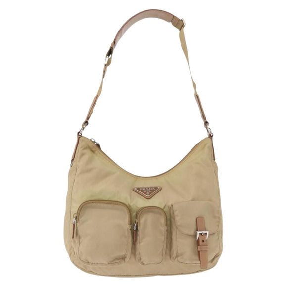 PRADA Shoulder Bag Nylon Beige Silver Auth ep12067
