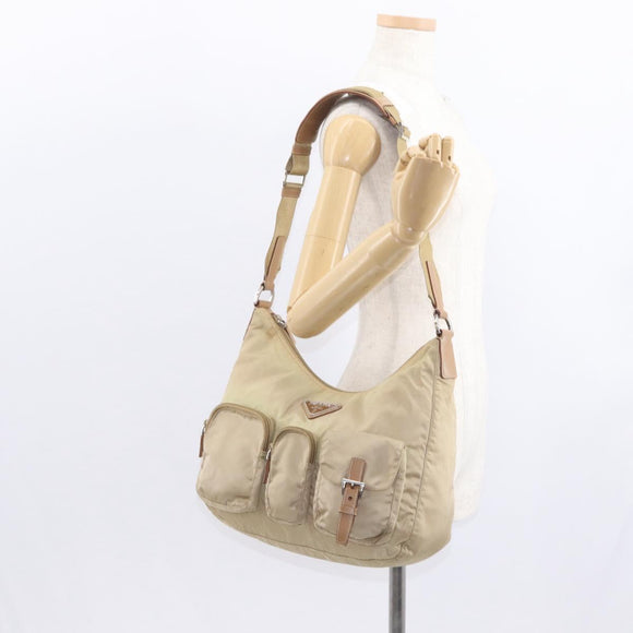 PRADA Shoulder Bag Nylon Beige Silver Auth ep12067