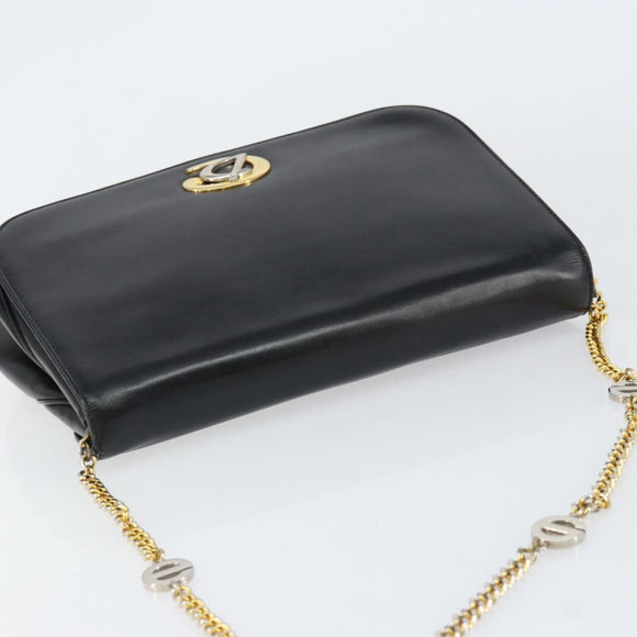 Christian Dior Chain Shoulder Bag Leather Black Gold Auth ep12110