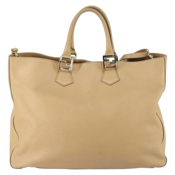 FENDI Tote Bag Leather 2way Beige Gold Auth ep12126