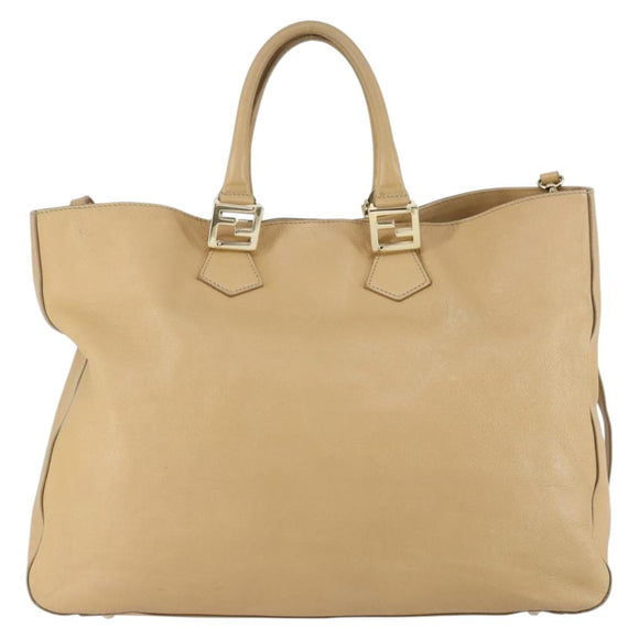 FENDI Tote Bag Leder 2-Wege Beige Gold Auth ep12126