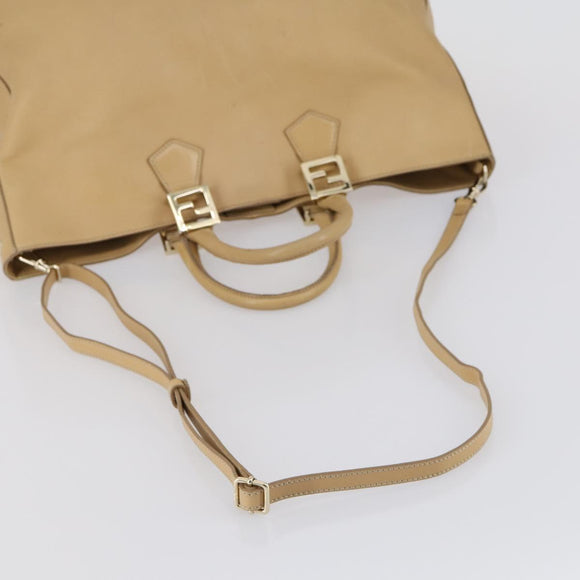 FENDI Tote Bag Leder 2-Wege Beige Gold Auth ep12126