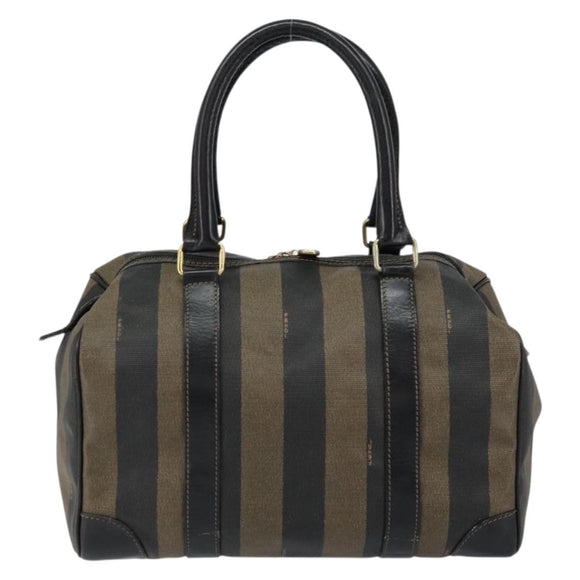 FENDI Pecan Canvas Boston Bag PVC Black Brown gold Auth ep12130