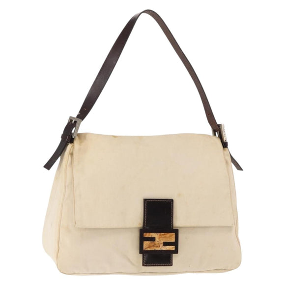 FENDI Mamma Baguette Shoulder Bag Canvas Beige Silver Auth ep12218