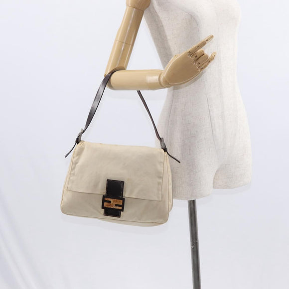 FENDI Mamma Baguette Shoulder Bag Canvas Beige Silver Auth ep12218