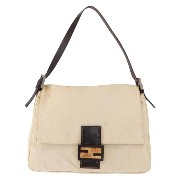 FENDI Mamma Baguette Shoulder Bag Canvas Beige Silver Auth ep12218