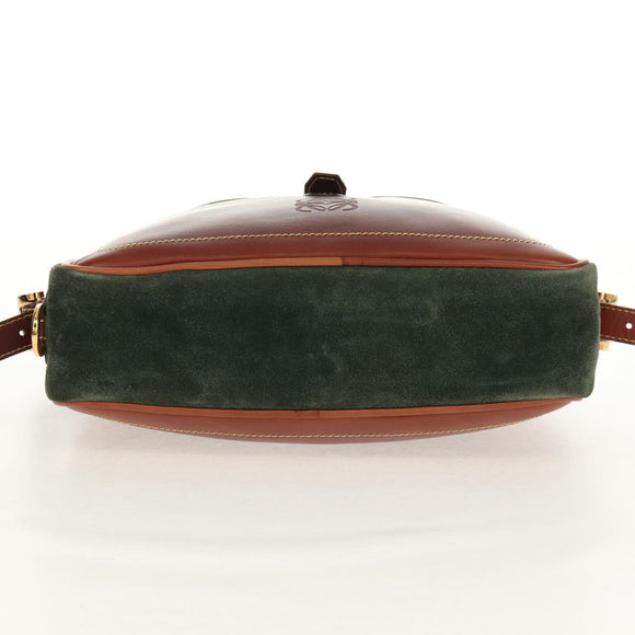 LOEWE Anagram Shoulder Bag Leather Suede Brown Gold Auth ep12235