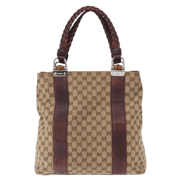 GUCCI GG Canvas Bamboo Tote Bag Beige Silver 232946 Auth ep12263
