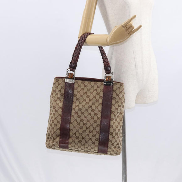 GUCCI GG Canvas Bamboo Tote Bag Beige Silver 232946 Auth ep12263