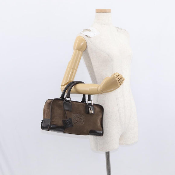 LOEWE Anagram Americana 28 Hand Bag Suede Leather Brown Silver Auth ep12264