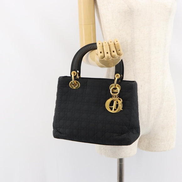 Christian Dior Lady Dior Canage Hand Bag Nylon Black Gold Auth ep12307