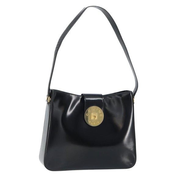 CELINE Shoulder Bag Enamel Black Gold Auth ep12376