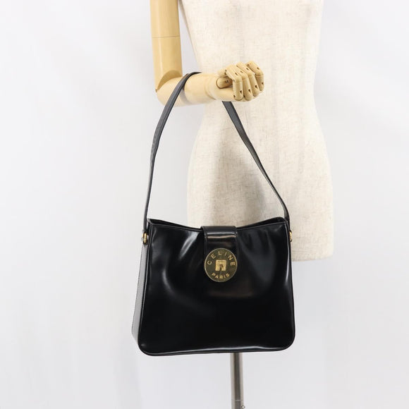 CELINE Shoulder Bag Enamel Black Gold Auth ep12376
