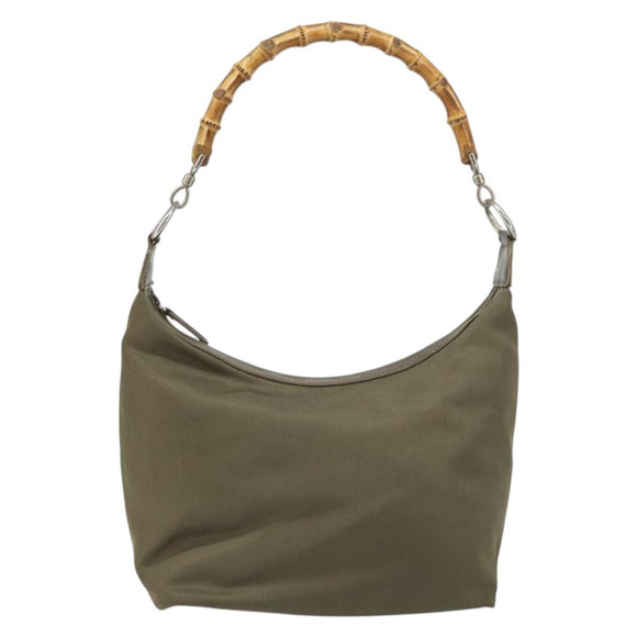 GUCCI Bamboo Shoulder Bag Nylon Khaki Silver 000 0531 Auth ep12494
