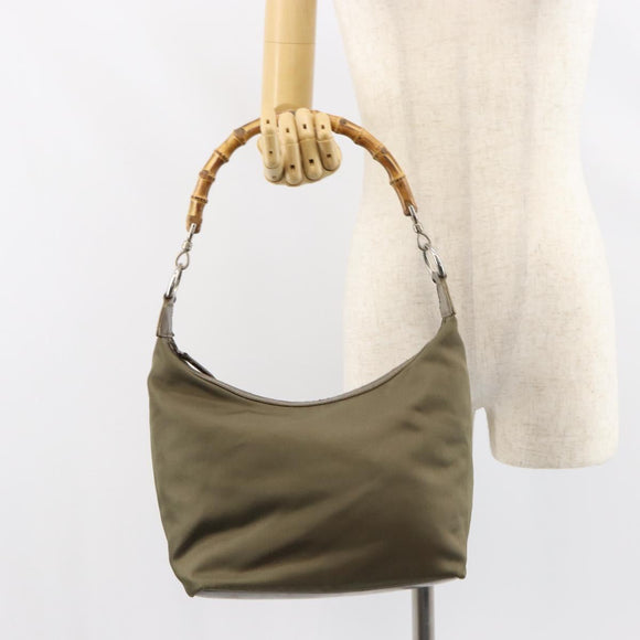 GUCCI Bamboo Shoulder Bag Nylon Khaki Silver 000 0531 Auth ep12494