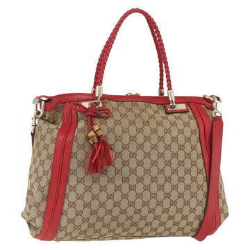 GUCCI Bamboo Wrasse GG Canvas Tote Bag 2way Beige Gold 269946 Auth ep12523
