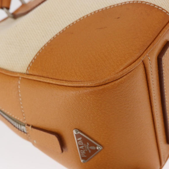 PRADA Boston Bag Canvas Beige Silver Auth ep12540