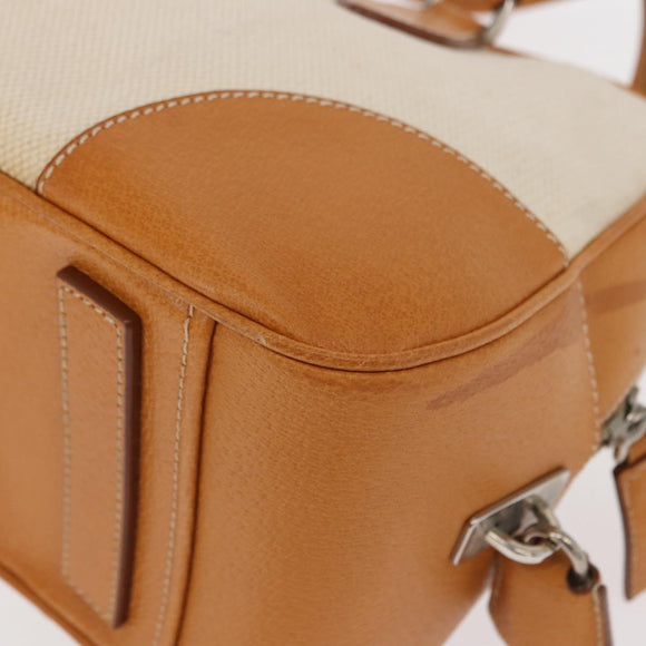 PRADA Boston Bag Canvas Beige Silver Auth ep12540