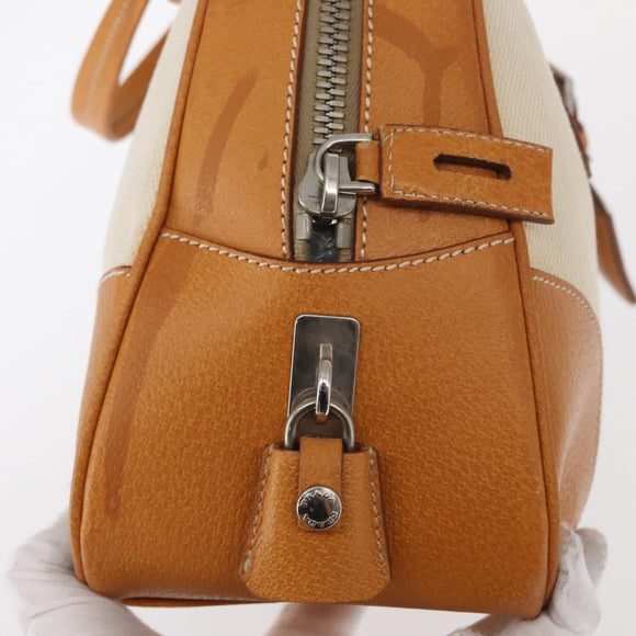 PRADA Boston Bag Canvas Beige Silver Auth ep12540