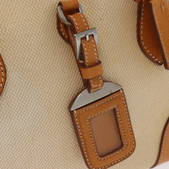 PRADA Boston Bag Canvas Beige Silver Auth ep12540