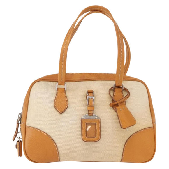 PRADA Boston Bag Canvas Beige Silver Auth ep12540