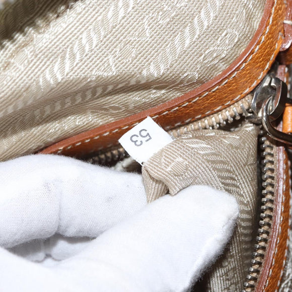 PRADA Boston Bag Canvas Beige Silver Auth ep12540