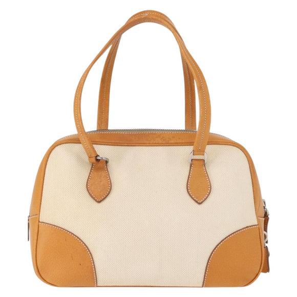 PRADA Boston Bag Canvas Beige Silver Auth ep12540