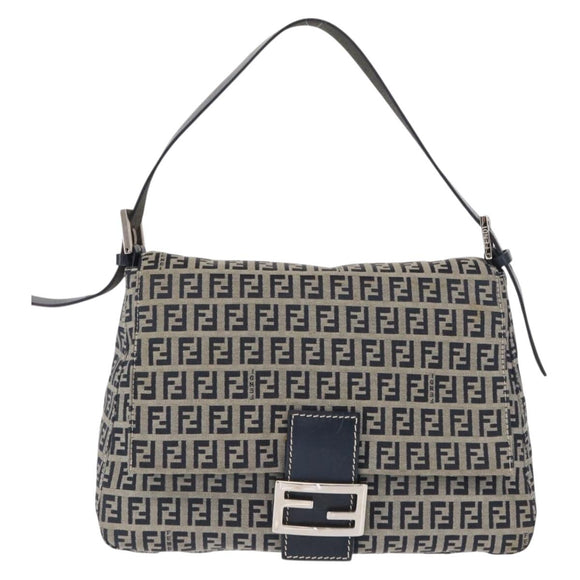 FENDI Zucchino Canvas Mamma Baguette Shoulder Bag Navy Silver Auth ep12546