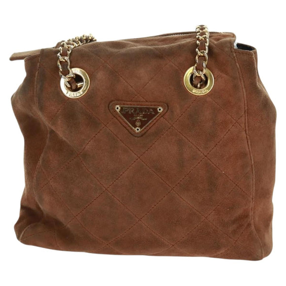 PRADA Chain Shoulder Bag Suede Brown Gold Auth ep12610