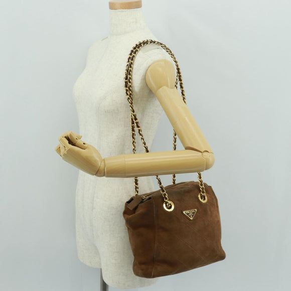 PRADA Chain Shoulder Bag Suede Brown Gold Auth ep12610