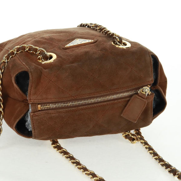 PRADA Chain Shoulder Bag Suede Brown Gold Auth ep12610