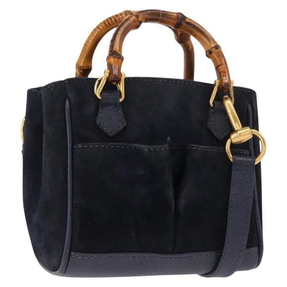 GUCCI Bamboo Hand Bag Suede 2way Navy Gold 007 1793 0238 Auth ep12682
