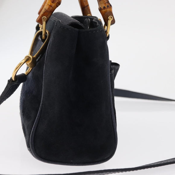 GUCCI Bamboo Hand Bag Suede 2way Navy Gold 007 1793 0238 Auth ep12682